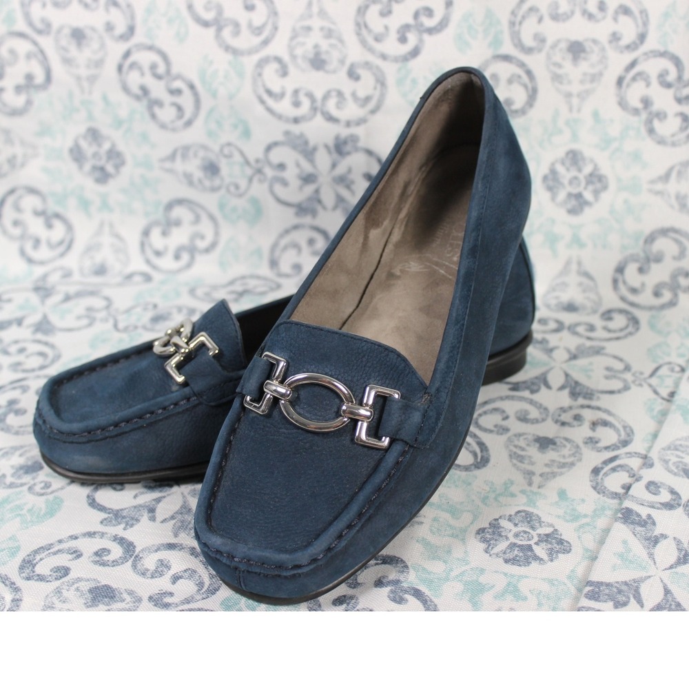 Aerosoles Hazelnut Leather Upper Loafers Silver‎ Hardware Navy Blue Size 8.5M